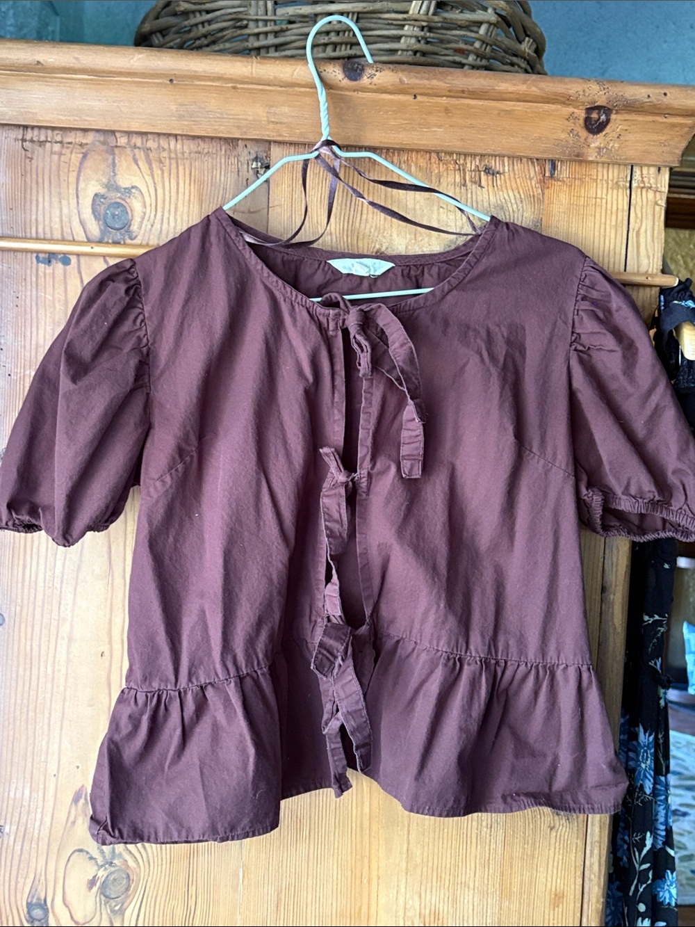 Peplum Tie-Front Blouse in Deep Brown